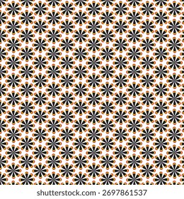Seamless retro flower pattern with black petal shapes and colorful orange yellow outlines.