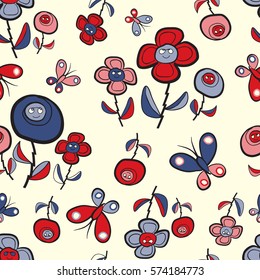 Seamless Retro Flower Pattern / Brown, Blue & Pink on Cream background/ freehand drawing style/ Pattern saved to pattern swatches 