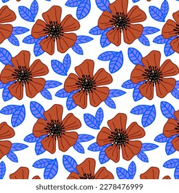 Seamless Retro flower pattern on purple background. Lilac leaves and orange flowers surface design. Colorful floral pattern for retro style. Perfect for fabric, textile, fashion, wrapping, background