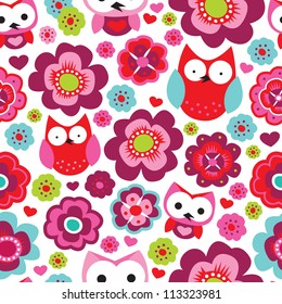 Seamless retro flowers and owl kids illustration background pattern in vector