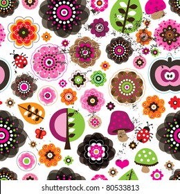 Seamless retro flowers trees leafs and lady bugs pattern background in vector