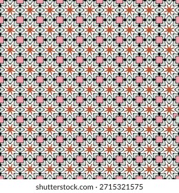 Seamless retro geometric floral pattern with star-shaped and ornamental motifs in pink, terracotta, black, and soft green tones. Suitable for textiles, wallpapers, wrapping paper, and digital designs.