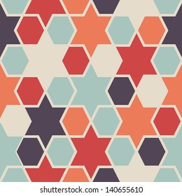 Seamless retro geometric hexagon and star pattern