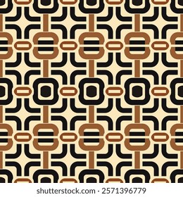 Seamless retro geometric pattern with bold brown, black, and beige shapes, ideal for vintage-inspired backgrounds, wallpapers, textile design, and modern decorative concepts.