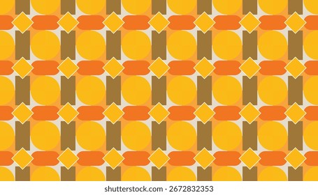 Seamless retro geometric pattern with circles, diamonds, and ribbon shapes in warm yellow, orange, and brown tones