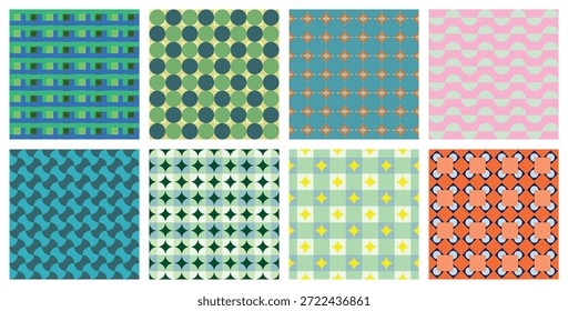 Colección geométrica retro sin fisuras del patrón con las Formas Abstractas coloridas.
Conjunto de fondo moderno de mediados de siglo para Fondo de pantalla, textil y diseño de superficies.