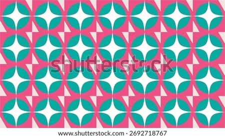 A seamless retro geometric pattern combining pink, teal, and white colors in circular and triangular shapes. The repeating motif creates a playful and modern visual rhythm