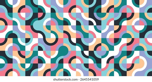 Seamless retro geometric pattern with curved lines and circles