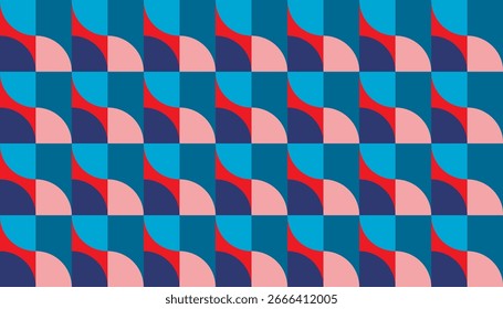 Nahtloses geometrisches Retro-Muster mit gekrümmten Formen in Blau-, Rosa- und Rottönen. Minimalistischer abstrakter Hintergrund mit repetitivem wellenartigem Design