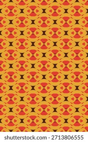 A seamless retro geometric pattern featuring interlocking ovals and diamond shapes in a warm palette of mustard yellow, orange, and dark brown.