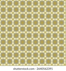 A seamless retro geometric pattern with honeycomb-inspired circles and overlapping transparent shapes in warm yellows and muted earth tones. Ideal for vintage-style designs.