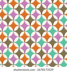 A seamless retro geometric pattern of overlapping circles and four-pointed star shapes. For wallpaper, fabric printing, wrapping paper, or any design needing a vintage background.