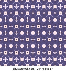 Motif harmonieux géométrique rétro dans le violet doux et rose clair. Comprend des étoiles stylisées et des motifs carrés arrondis sur une grille subtile avec des lignes diagonales, évoquant une esthétique vintage moderne.