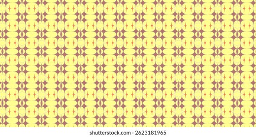 Padrão geométrico retrô contínuo com formas simétricas em tons amarelos e vermelhos.