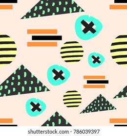 Seamless retro geometric pattern vector background vintage design with triangles circles rectangles and artistic elements