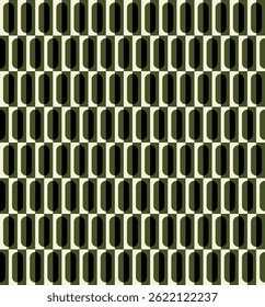 Seamless retro geometric pattern with vertical rounded rectangles in olive green and black. Mid-century modern style ideal for textiles, wallpaper, and vintage-inspired design projects