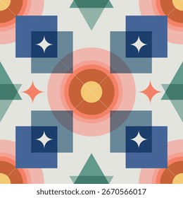 Seamless retro geometric pattern in vintage 60s 70s style with circles, squares, and curves. Colourful abstract vector design for fabric, wallpaper, posters, and decoration, not ai.