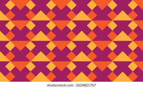 Seamless retro geometric pattern with warm tones of purple, red, orange, and yellow in a zigzag triangle and diamond composition