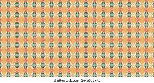 Padrão geométrico retro contínuo com cores laranja quente, verde e coral. Ideal para design têxtil, papel de parede e fundos vintage-inspirado. Repetindo textura ladrilhada.