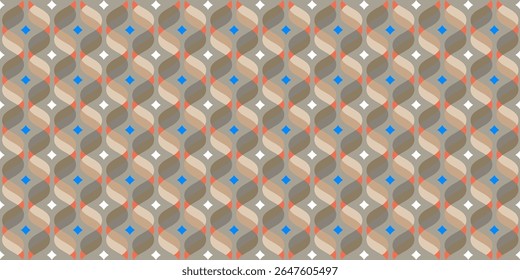 Seamless retro geometric pattern with wave-like curves in earthy tones and accent diamonds, ideal for fabric, wallpaper, and digital design projects.