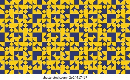 Seamless retro geometric pattern with yellow and navy blue abstract shapes forming a bold, rhythmic tile layout