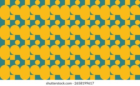 Modelo geométrico retro inconsútil con los Elementos circulares y cuadrados amarillos en un fondo verde azulado. Perfecto para textiles, Fondos de pantalla y Diseños gráficos de inspiración vintage