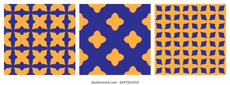 Seamless retro geometric patterns. A set of seamless constellations backgrounds, stars and night sky. Starry, clover shapes, and angular tiles with a mid-century modern. Midnight blue and gold. EPS 10