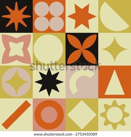 Seamless retro geometric tile pattern. Bold abstract shapes in warm colors. Mid century modern style.