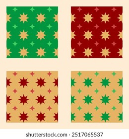 Seamless retro geometrical star patterns design set element. Red, green and yellow or gold.