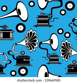 seamless retro gramophone on blue background