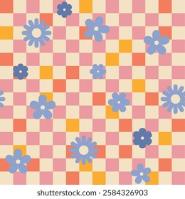 Seamless retro groovy checkered pattern with floral elements. Simple 1970s-style flowers in a doodle vector design. Perfect for fabric, wrapping paper, wallpaper, and fashion prints.