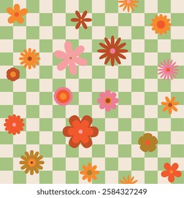 Seamless retro groovy checkered pattern with floral elements. Simple 1970s-style flowers in a doodle vector design. Perfect for fabric, wrapping paper, wallpaper, and fashion prints.