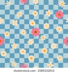 Seamless retro groovy checkered pattern with floral elements. Simple 1970s-style flowers in a doodle vector design. Perfect for fabric, wrapping paper, wallpaper, and fashion prints.	