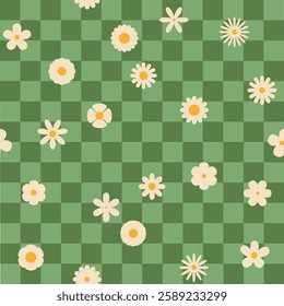Seamless retro groovy checkered pattern with floral elements. Simple 1970s-style flowers in a doodle vector design. Perfect for fabric, wrapping paper, wallpaper, and fashion prints.	