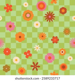 Seamless retro groovy checkered pattern with floral elements. Simple 1970s-style flowers in a doodle vector design. Perfect for fabric, wrapping paper, wallpaper, and fashion prints.	