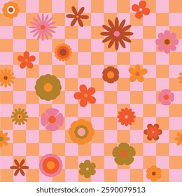 Seamless retro groovy checkered pattern with floral elements. Simple 1970s-style flowers in a doodle vector design. Perfect for fabric, wrapping paper, wallpaper, and fashion prints.