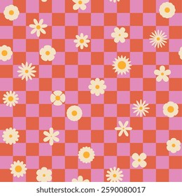 Seamless retro groovy checkered pattern with floral elements. Simple 1970s-style flowers in a doodle vector design. Perfect for fabric, wrapping paper, wallpaper, and fashion prints.