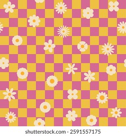 Seamless retro groovy checkered pattern with floral elements. Simple 1970s-style flowers in a doodle vector design. Perfect for fabric, wrapping paper, wallpaper, and fashion prints.