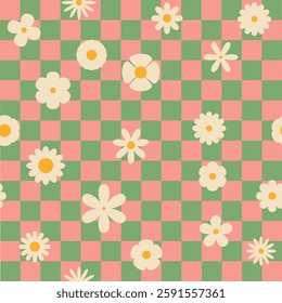 Seamless retro groovy checkered pattern with floral elements. Simple 1970s-style flowers in a doodle vector design. Perfect for fabric, wrapping paper, wallpaper, and fashion prints.