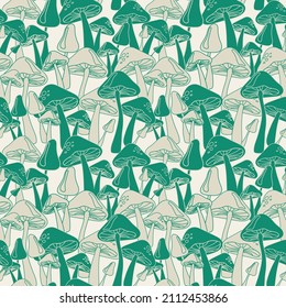 Seamless retro groovy magic mushroom illustration pattern for vintage fabric wallpaper or wrapping paper - Vector