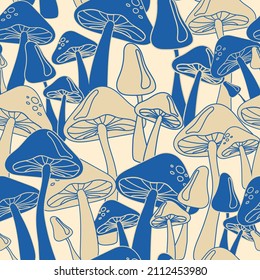 Seamless retro groovy magic mushroom illustration pattern for vintage fabric wallpaper or wrapping paper - Vector