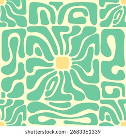 Padrão groovy retro contínuo com formas de azul-petróleo orgânico abstrato em um fundo amarelo claro, criando um motivo floral estilizado.