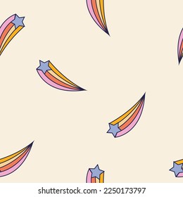 Seamless retro groovy pattern. Groovy power. Cartoon naive vector design with stars with tails and comets. Style of the 60s, 70s, 80s. Print for fabric, wrapping paper, stationery power background