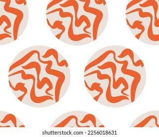 Seamless retro groovy pattern. Groovy power. Retro vibe. Orange circle doodles on white background. Style of the 60s, 70s, 80s.