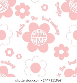 Seamless Retro groovy smiley daisy flowers pattern