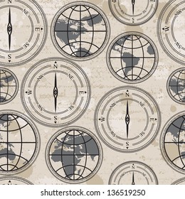 Seamless retro grunge background with globe and compass