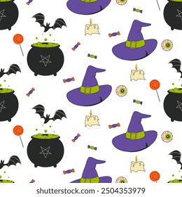 A seamless retro Halloween pattern for fabric, wrapping paper, backgrounds, duct tape. Vector 