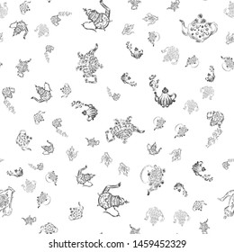 Seamless retro hand drawn set of teapots, great design for any purposes. Seamless pattern set. Teapot hand drawn a pattern in Chinese style on white background. Retro typography. Kettle icon.