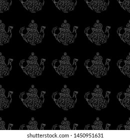 Seamless retro hand drawn teapots, great design for any purposes. Seamless pattern. Teapot hand drawn a pattern in Chinese style on black background. Retro typography. Kettle icon. Isolated vector.
