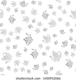 Seamless retro hand drawn teapots, great design for any purposes. Seamless pattern. Teapot hand drawn a pattern in Chinese style on white background. Retro typography. Kettle icon. Isolated vector.